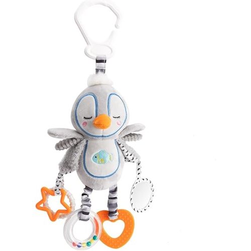 Penguin Baby Stroller & Car Seat Toy with Clip-On Hanging Rattle, Teether & Soft Plush | Sensory Developmental Toys for Newborns 0-12 Months | Dangle Infant Gift (Animal Design)