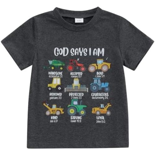 Kids Toddler Little Boys Christian Shirts God Says I Am Construction Bible Verse Truck Excavator T-Shirt