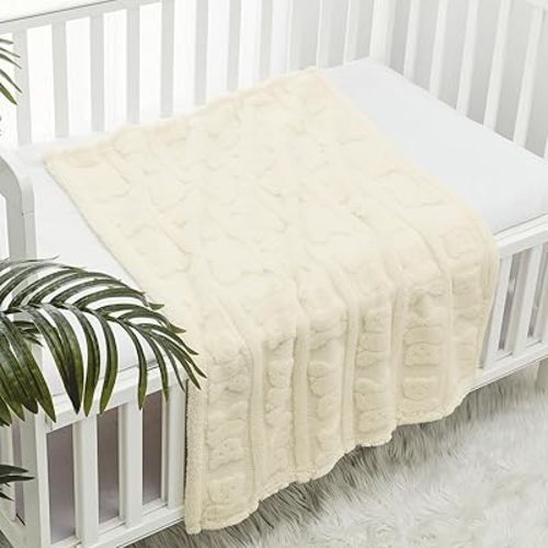 CREVENT 30"X40" Cozy Soft Warm Sherpa Baby Blanket for Girls Boys, Newborn Essentials for Infant, Baby Shower Receiving Gift - Ivory Bear 75X100cm + Gift Bag with Ribbon