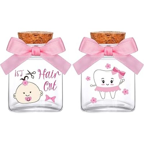 Eaasty 2 Piece Baby Keepsake Box Glass Baby First Teeth Curl Haircut Keepsake Holder for Boys and Girls(Pink,Girl Pattern)