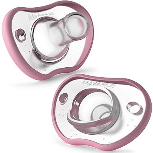 Nanobebe Baby Pacifiers 0-3 Month - Orthodontic, Curves Comfortably with Face Contour, Award Winning for Breastfeeding Babies, 100% Silicone - BPA Free. Perfect Baby Registry Gift 2pk,Pink