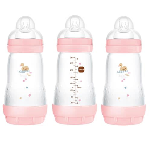 MAM Easy Start Anti-Colic Bottle , Baby Essentials, Medium Flow Bottles with Silicone Nipple, Baby Bottles for Baby Girl, Peach, 9 oz (3-Count)