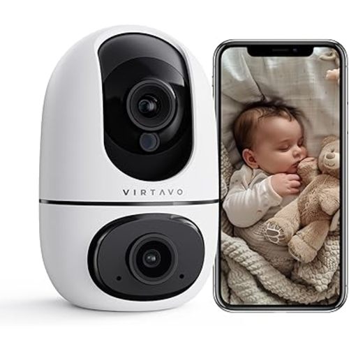 virtavo XD1 Indoor Security Camera, Dual-Lens 360° PTZ Baby Monitor & Pet Camera, Motion Tracking, 2-Way Audio, Night Vision, Cloud/SD Storage, Phone App, 2.4GHz WiFi