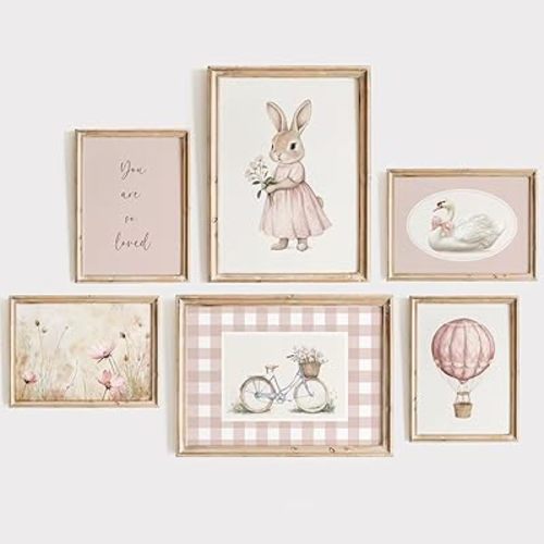 Pink Nursery Wall Art Decor Baby Girl Room Pictures Vintage Nursery Canvas Wall Decor Bunny Prints Floral Swan Poster Cute Rabbit Painting Artwork for Toddler Girls Bedroom 12x16x6 Inch Unframed