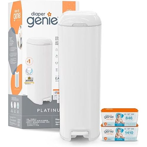 Diaper Genie Platinum Pail Gift Set, Lily White, Made of Durable Stainless Steel and Includes 2 Easy Roll Refills with 18 Bags and 30 Bags