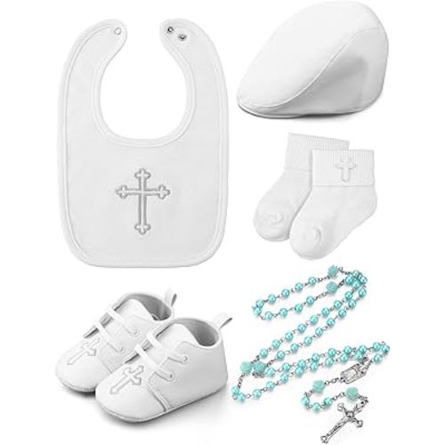 5 Pcs Baptism Bib for Baby Boys Cross Christening Socks Shoes Hat Rosary White Baptism Outfits for Boys Toddler Infant First Communion Gift