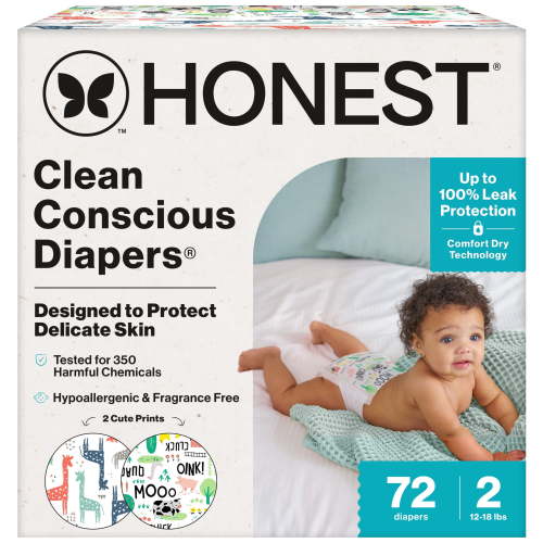 The Honest Company Clean Conscious Diapers® Up to 100% Leak Protection Design Hypoallergenic Fragrance Free Multi-Colored Giraffes + Barnyard Babies, Size 2, 72 Count Club Box