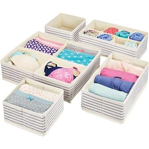 mDesign Soft Fabric Dresser Drawer/Closet Divided Storage Organizer Bins for Bedroom - Holds Lingerie, Bras, Socks, Leggings, Clothes, Purses, Scarves, Lido Collection - Set of 5 - Natural/Blue Stripe