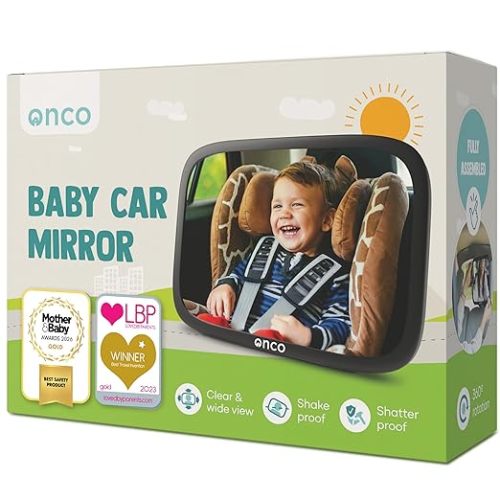 Onco Baby Car Mirror Rear Facing - Double Award-Winning Car Mirror for Baby, 100% Shatterproof Baby Mirror for Car Journeys, Shakeproof Car Seat Mirror for Baby Rear Facing, Universal Car Mirror Baby