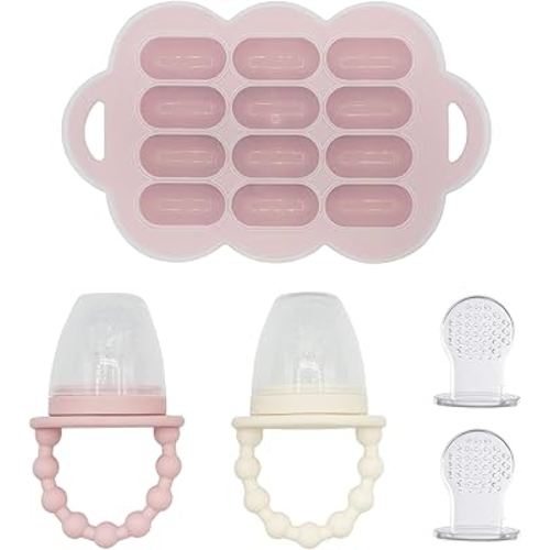 WeeSprout Baby Food Feeder Set - 2 Silicone Feeders & Reusable Freezer Tray with Lid - BPA-Free Fresh Fruit & Veggie Pacifier for Babies & Toddlers - Double as Teething Toys - Dishwasher Safe