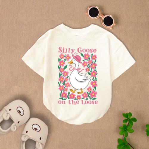 Silly Goose On The Loose Baby Romper Short Sleeves, Boho Floral Goose Baby Bodysuit, Coquette Bow Duck Romper, Goose Lover Gift