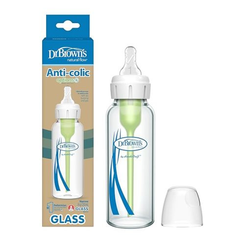 Dr. Brown's Natural Flow Anti-Colic Options+ Narrow Glass Baby Bottle 4 oz/120 mL, with Level 1 Slow Flow Nipple, 2 Pack, 0m+ - Clear - 8 Ounce (Pack of 1)