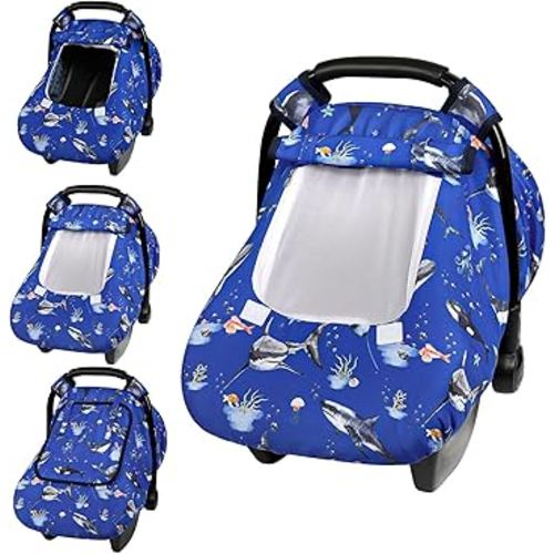 Pea Pod Car Seat Cover Baby, Infant Car Seat Canopy Covers for Newborn with 2 Layers Windows of Breathable Mesh Fabric, Lightweight Polyester/Soft Minky Dot Backing (Ocean)