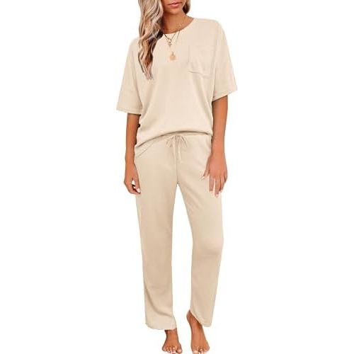 JiniGolla Womens Pajama Sets Waffle Knit Short Sleeve Shirt with Long Pajama Pants Soft Sleepwear Pj Lounge Sets