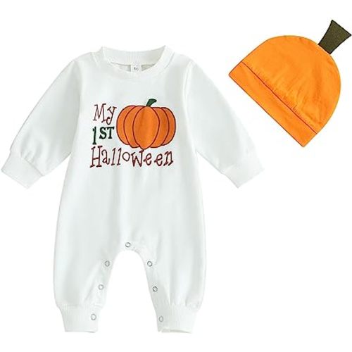 Ledy Champswiin 2Pcs Neutral Outfits Newborn Baby Boy Girl Pumpkin Romper Jumpsuit My 1st Halloween Clothes with Hat