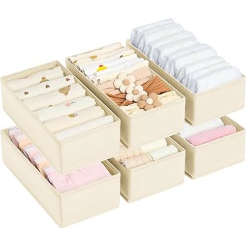 DIMJ Drawer Organizer Clothes - Underwear Organizer Small Sock Organizer Closet Organizers and Storage Box Dresser Drawer Dividers for Baby Clothes,Bra,Socks, Belt, Tie, Set of 6,Beige