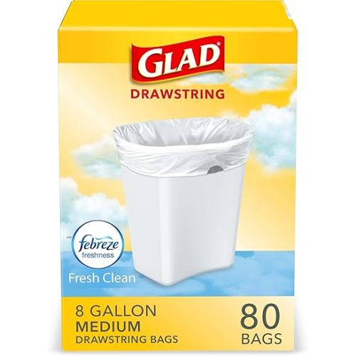 Glad Medium Kitchen Drawstring Trash Bags, 8 Gal, Fresh Clean Scent, 80 Ct (Package May Vary)