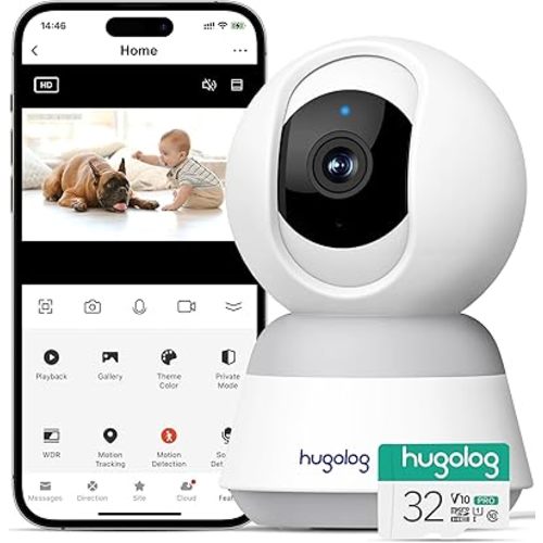 Hugolog 3K Security Camera with 32 GB SD Card Indoor Pan/Tilt, AI Sound Processing Ideal for Baby Monitor/Pet Camera/Home Security with 12×Zoom,Starlight Color Night Vision,Human Dectection,US Cloud