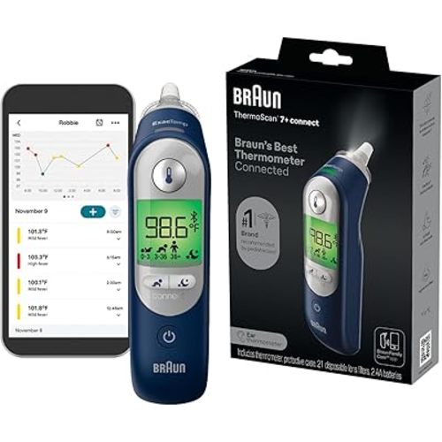Braun ThermoScan 7+ Connect Digital Ear Thermometer - Family Care App Compatible, Age Precision Technology, Color-Coded Digital Display, No. 1 Brand Recommended by Pediatricians, FSA and HSA Eligible