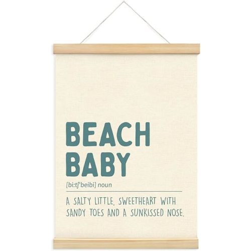 PLKMN Beach Baby Coastal Nursery Wall Art with Wooden Poster Hanger, Coastal Beach Wall Decor for Nursery Toddler Kids Room Bedroom Playroom, Baby Boy Nursery Decor, 12x16 Inch