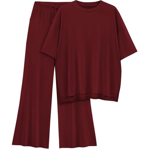 Womens Lounge Set 2026 Summer 2 Piece Outfits Oversized Short Sleeve Tops & Wide Leg Pant Matching Sets Clothing