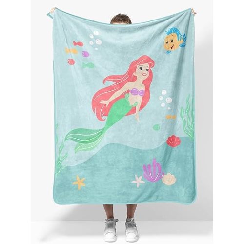 Disney The Little Mermaid Plush Travel Throw Blanket - Measures 40 x 50 Inches - Super Soft & Cozy Princess Travel Accessories Features Ariel