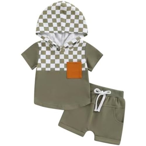 Infant Baby Boy Summer Clothes Outfit Hooded Contrast Color Short Sleeve T Shirt Top Shorts Clothes Toddler Set