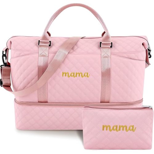 Dansydaisy Mama Hospital Bag for Women Labor Delivery Travel Duffle Bag with Shoe Compartment and Toiletry Pouch Waterproof Letter Embroidered for Pregnancy Weekender Overnight Gym Gift, Pink