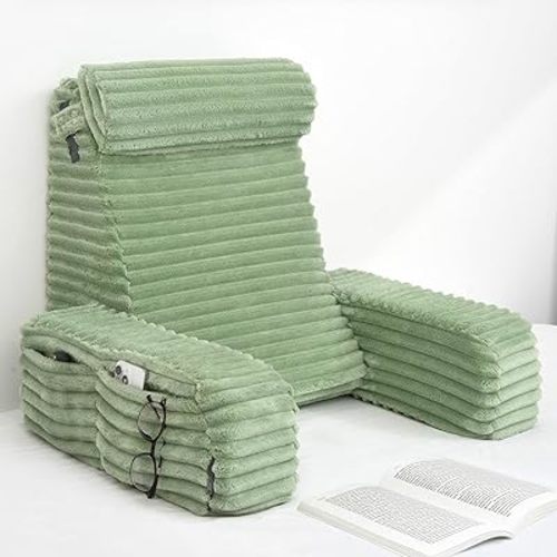 ENITYA 22" XL Reading Pillow with Armrests & Large Pockets, Supportive Back Pillow with Removable Cover, Ideal for Watching TV, Gaming, Resting, Sitting Up in Bedroom, Dorm, Sage Green