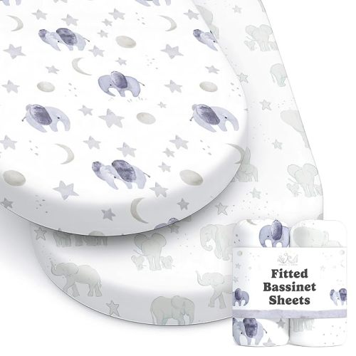 Baby Bassinet Sheets for Boy, Girl (Watercolor Elephants) 2-Pack - Fitted Bedside Bassinet Sheets