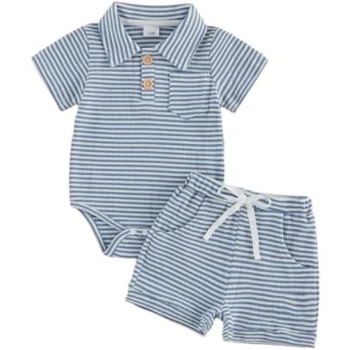 Kavousa Newborn Baby Boy Summer Clothes Short Sleeve Top and Stripe Shorts Set 2 Piece Baby Boy Summer Waffle Outfit