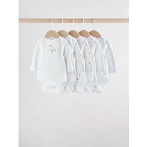 White Character 5 Pack Long Sleeve 100% Cotton Baby Bodysuits