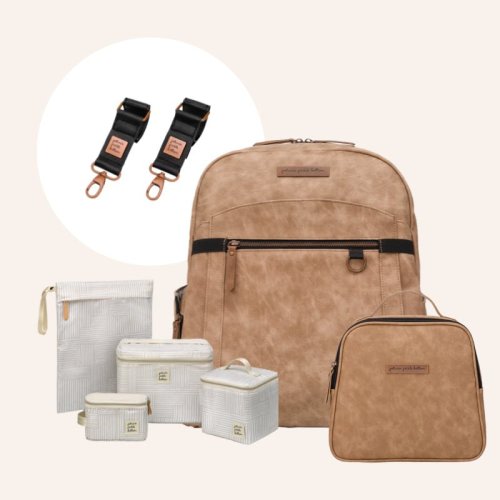 2-in-1 Provisions Backpack in Brioche, Tandem Tote, Pump Kit & Stroller Clips Bundle