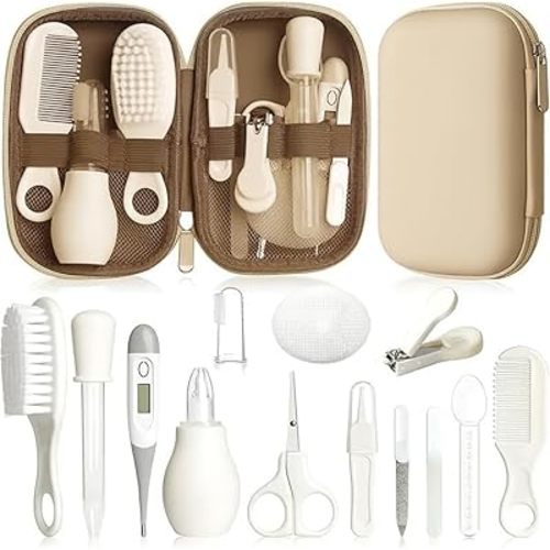 Baby Healthcare and Grooming Kit for Newborn Kids, 14PCS Upgraded Safety Baby Care Kit, Newborn Nursery Health Care Set, Baby Care Product (Beige, White)
