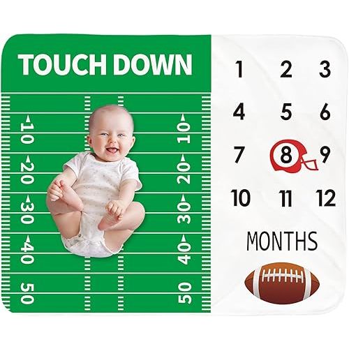 Baby Monthly Milestone Blanket Boy - Newborn Month Blanket Unisex Neutral Personalized Shower Gift Football Sports Nursery Decor Photography Background Prop with Frame Large 51''x40''