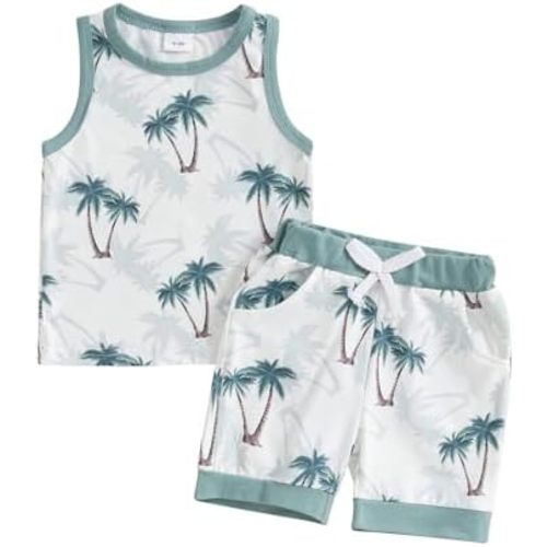 Toddler Baby Boy Summer Clothes Set Seashell/Tree Tank Tops Elastic Waist Shorts 2 Pcs Hawaii Outfit