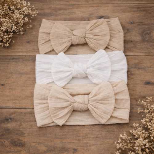 Baby Bow Headband Set, Nylon Baby Headbands, Newborn Bow Headband, White Ivory Beige Baby Girl Headband, Infant Hair Accessories