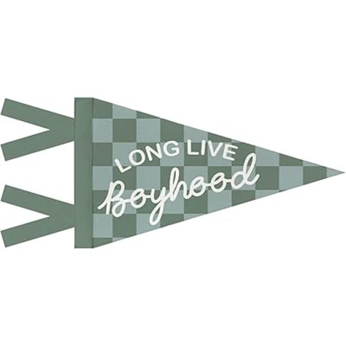 JXREQ Long Live Boyhood Pennants Banners Flags for Kids Boys Room Decor, Retro Green and Grey Checkered Canvas Wall Art Decor for Kids Toddler Room Nursery Playroom, 8x17 Inch
