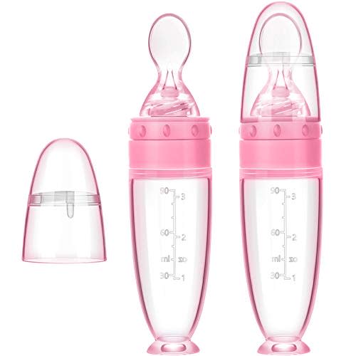 2 Pieces Silicone Baby Spoons Baby Feeding Spoon with Standing Base for Infant 0-24 Months Dispensing and Feeding (Pink)