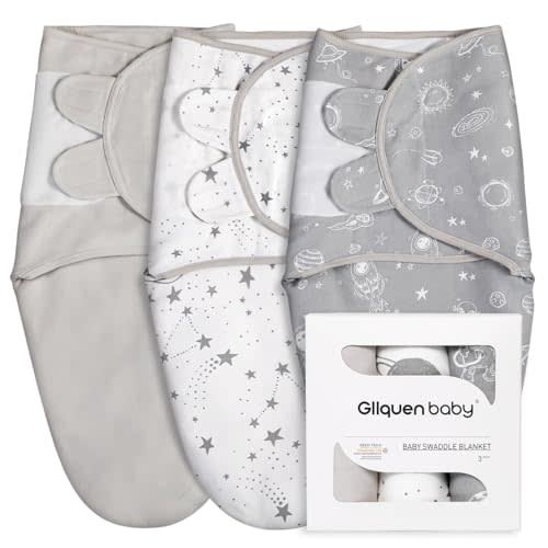 GLLQUEN BABY Organic Newborn Swaddles Sleep Sack, Swaddle Blankets for Baby Boy, 3 Pack Adjustable Wrap Set, Gray Starry Sky & Astronaut, 0-3 Months (Small/Medium)