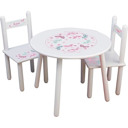 Girl's Personalized Pink and Aqua Butterflies Table and Two Chair Set- Butterfly Flower Theme