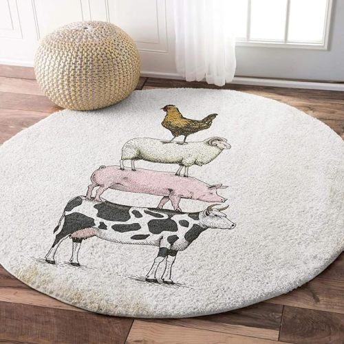 Farmhouse Area Rug Cow Pig Sheep and Chicken Farm Animals Round Rug Fluffy Floor Carpet Soft Rug Rusic Bakcground Non-Slip Throw Rug 5' Diameter for Living Room, Bedroom, Apartment, Sofa - 5ft=60inch