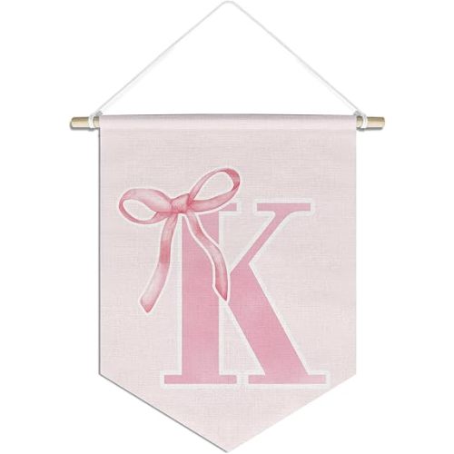 initial Personalized Preppy Canvas Hanging Pennant Flag Banner, Coquette Pink Bow Teen Girl Gifts,Trendy Cute Monogrammed Gifts Wall Decor for Women Teen Girl Nursery bedroom(K)