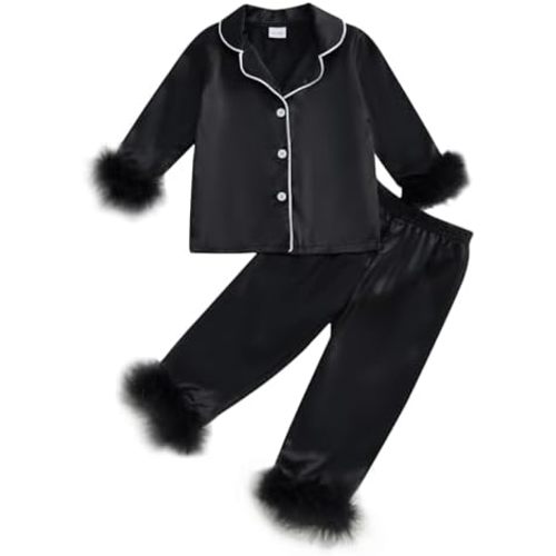 MAINESAKA Toddler Baby Girl Satin Pajamas Set Feather Trim Long Sleeve Button Down Tops Long Pants 2Pcs Pjs Sleepwear Outfits