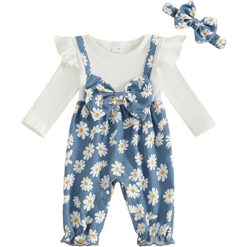 Newborn Baby Girl Clothes Ruffle Sleeve Jumpsuit Corduroy Floral Romper+Headband Cute Fall Winter One Piece Outfit