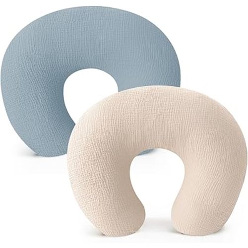 Konssy Muslin Nursing Pillow Covers, Soft and Cute Nursing Covers for Breastfeeding Pillows, Ideal for Newborn Baby Boys and Girls (Blue, Cream) - 2 Pack