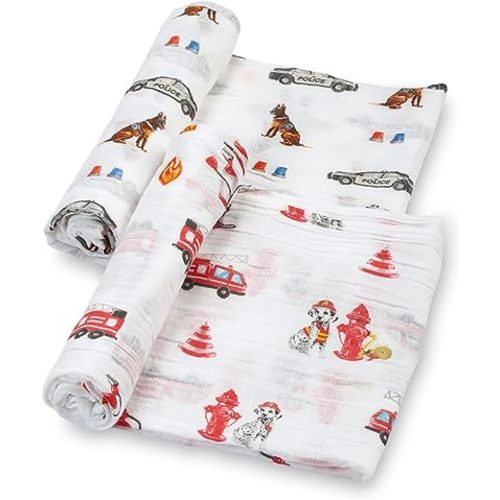 LollyBanks Swaddle Blanket | 100% Muslin Cotton | Newborn and Baby Nursery Essentials for Boys, Registry | Police and Fire Dog Print - Policeman and Fireman Set