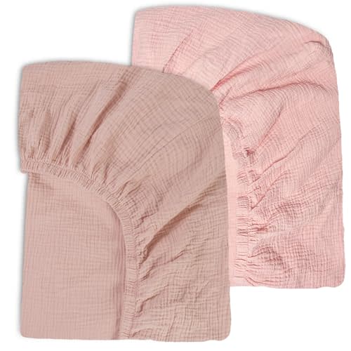 Ultra Soft Muslin Crib Sheets for Baby, Premium Breathable Organic Cotton Crib Fitted Sheet for 52’’x28’’Standard Crib and Toddler Mattress,2 Pack Pink&Coral