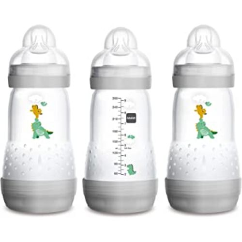 MAM Easy Start Anti-Colic Bottle, Baby Essentials, Medium Flow Bottles with Silicone Nipple, Unisex Baby Bottles, Designs May Vary, 9 oz (3-Count),