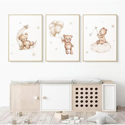 Bear Nursery Wall Art Decor Set of 3 Teddy Bear Canvas Wall Art Baby Boy Nursery Prints Nursery Pictures Wall Decor Moon Star Cloud Neutral Nursery Print for Girls Children Room 16x24 Inch FRAMED